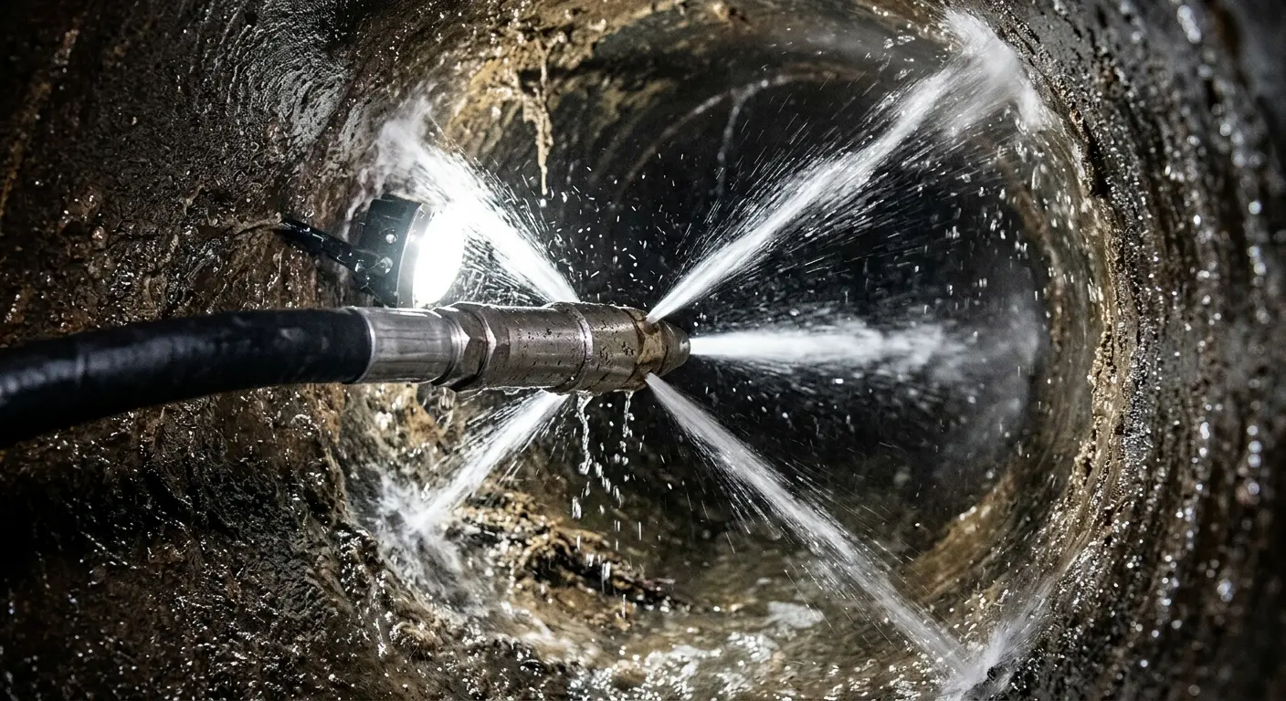 High-pressure hydro jetting nozzle cleaning sewer pipe for Sewer Cleanout in Valley