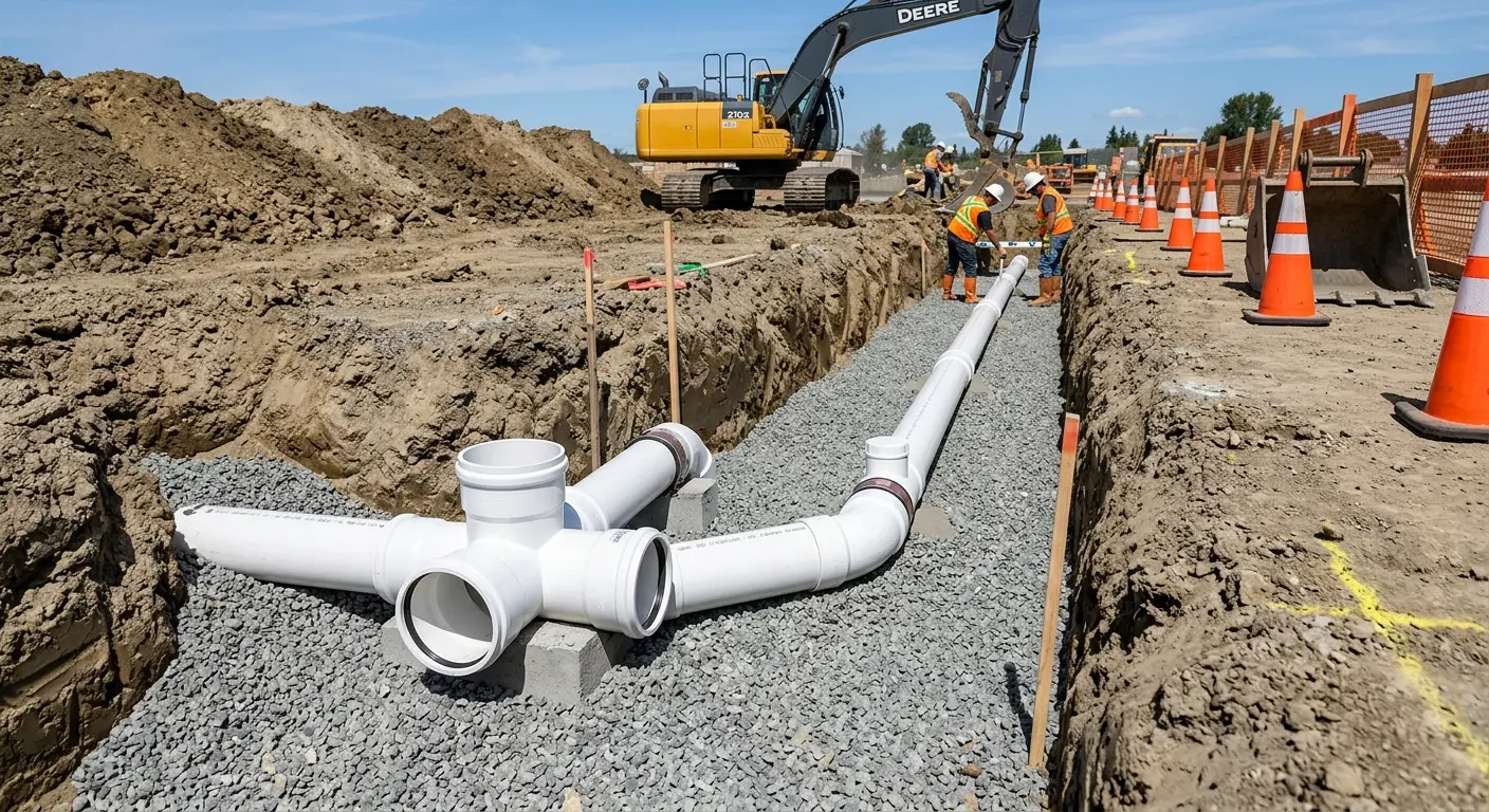 New PVC sewer pipe installation in open trench for Sewer Backup in Valley